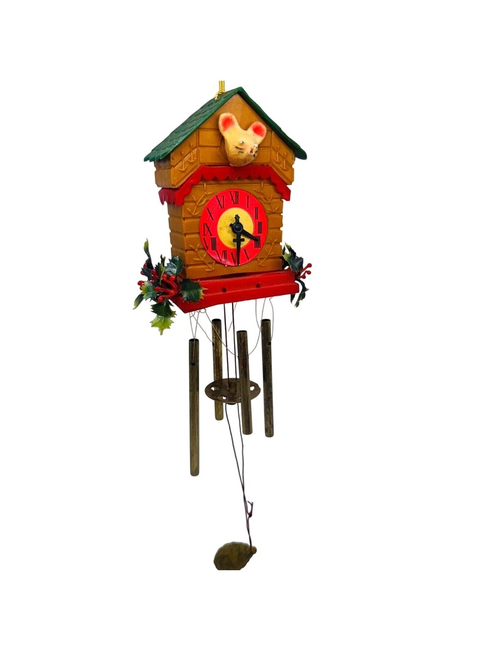 Vintage Christmas Cuckoo Clock Mouse WINDCHIME Plastic KITSCHY MadeIn Hong Kong
